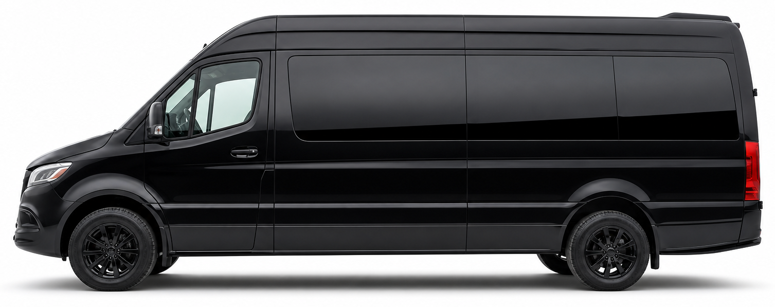 Backstage Global Limousine black Mercedes-Benz Sprinter passenger van side view