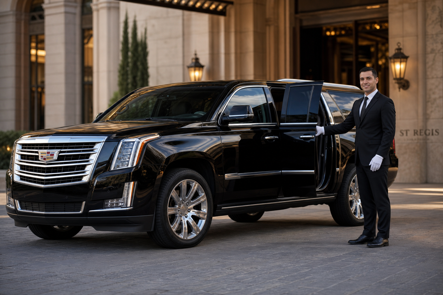 A white-gloved chauffeur standing beside a black Cadillac Escalade with the door open