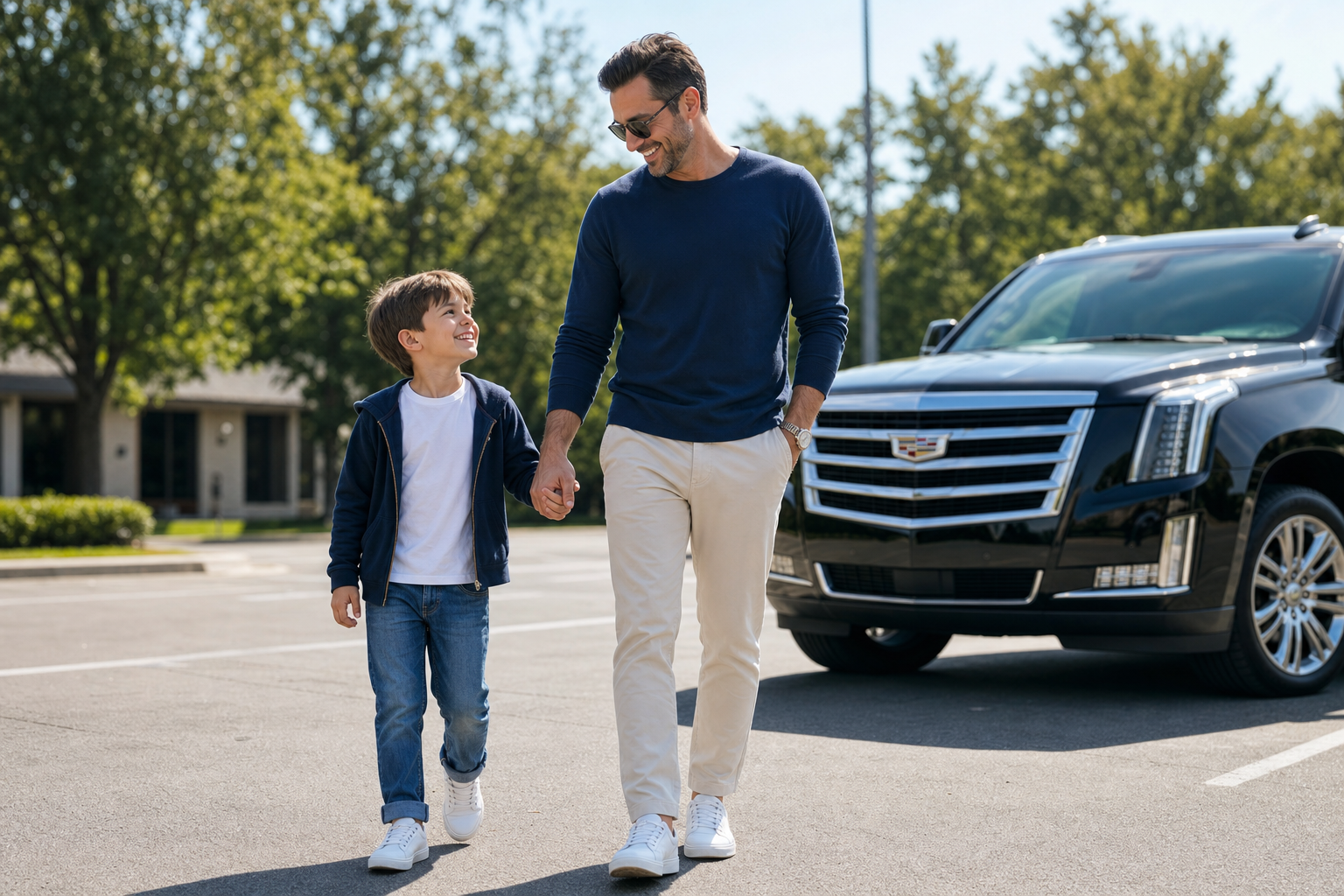 A father and son walking hand in hand past a Backstage Global black Cadillac Escalade
