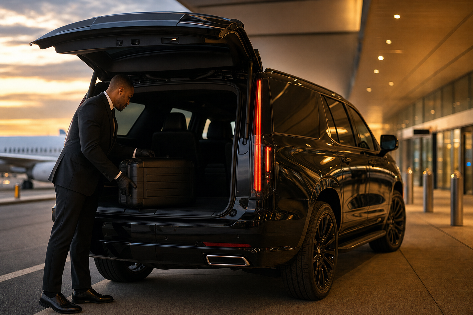 Chauffeur loading luggage into a black Cadillac Escalade at the airport at dusk