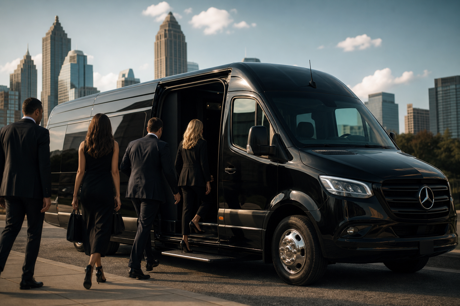 Well-dressed passengers boarding a black Mercedes-Benz Sprinter with the Atlanta skyline behind