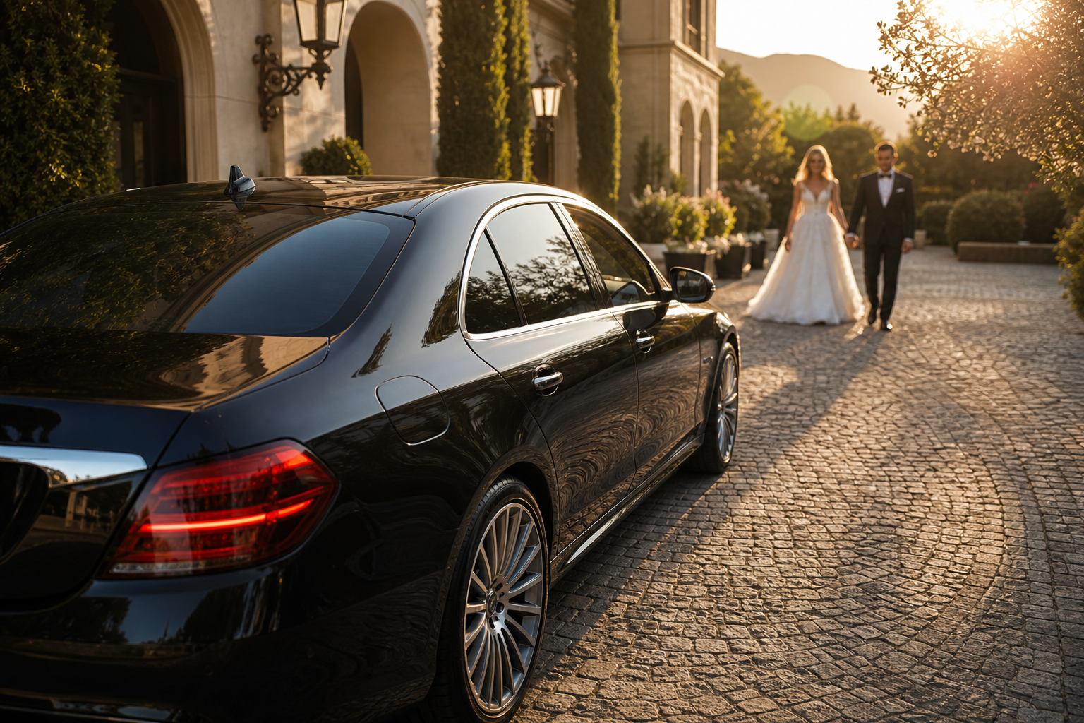 An elegant black luxury car parked outside a wedding venue at golden hour